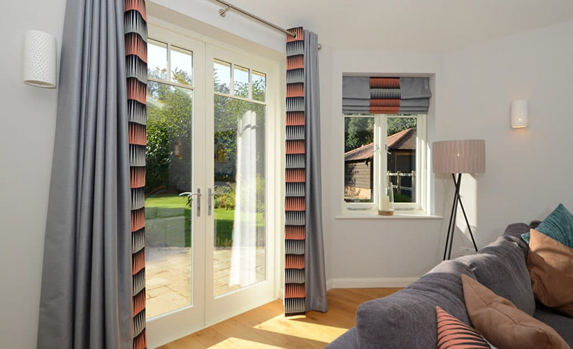 White casement door in a modern living room