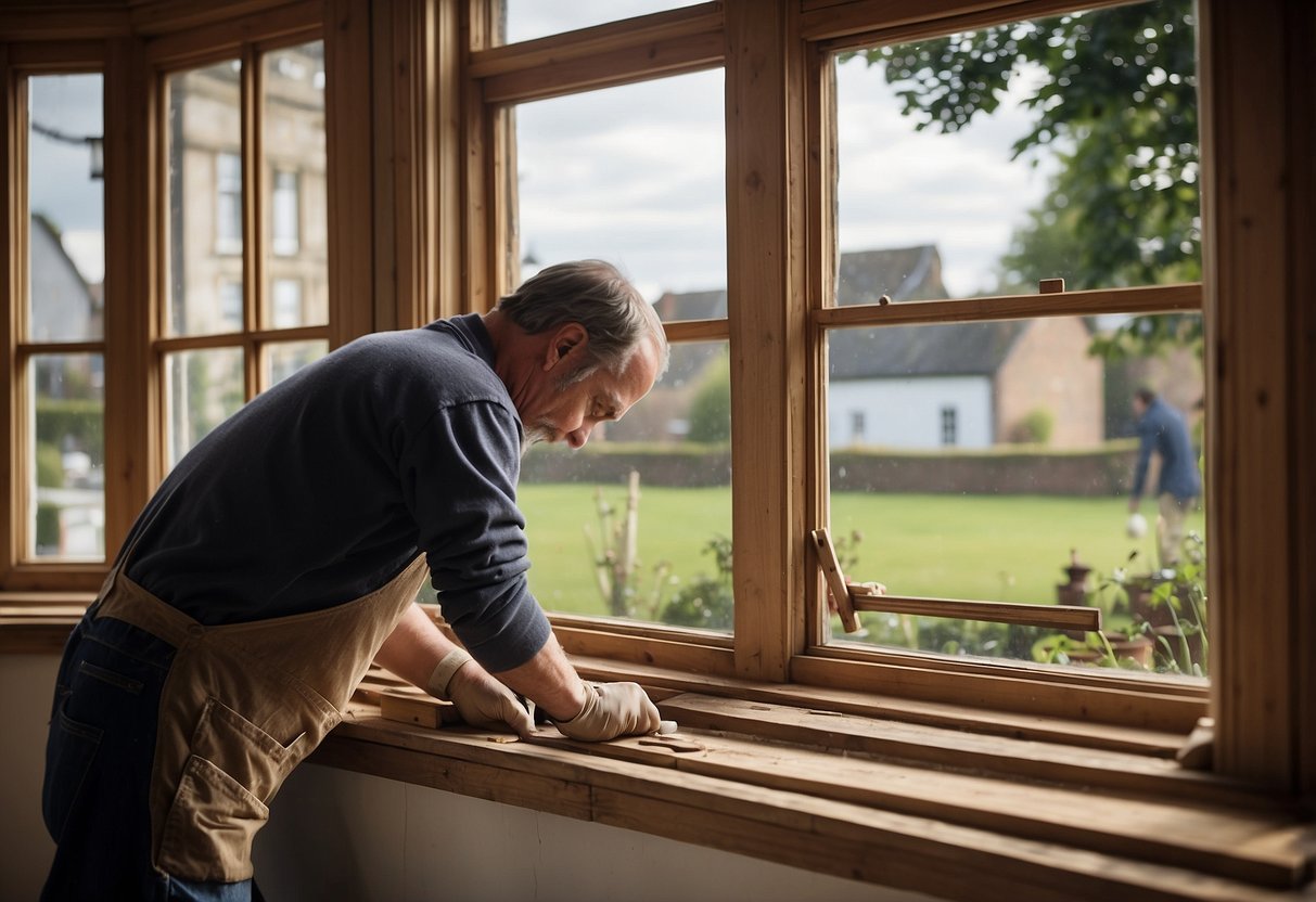 A sash window being carefully restored, with a craftsman repairing the wooden frame and preserving its historical design